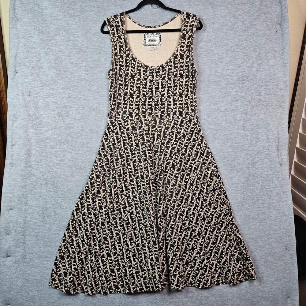 Effies Heart Black Cream Botanical Print Sleeveless Midi Dress Pockets Sz Large